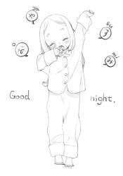 Rule 34 | 1girl, arm up, barefoot, blush, buttons, child, closed eyes, english text, feet, forehead, full body, hand to own mouth, highres, long hair, mixed-language text, monochrome, open mouth, original, pajamas, parted bangs, ryo chimo, short eyebrows, simple background, sleepy, solo, stretching, yawning