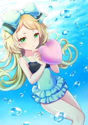 Rule 34 | 1girl, atelier (series), atelier shallie, bare legs, blonde hair, blue background, blue bow, blue one-piece swimsuit, blue theme, bow, bubble, covered navel, cowboy shot, curly hair, curry korokke, expressionless, green eyes, hair bow, heart, jitome, long hair, looking at viewer, miruca crotze, one-piece swimsuit, solo, swimsuit, underwater