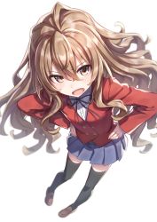 Rule 34 | 1girl, aisaka taiga, black thighhighs, blouse, blush, brown eyes, brown hair, collarbone, from above, full body, hair between eyes, hand on own hip, hands on own hips, highres, long hair, looking at viewer, nogi lief, oohashi high school uniform, school uniform, shirt, skirt, solo, standing, thighhighs, toradora!, v-shaped eyebrows, white background, white shirt