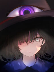 Rule 34 | 1other, absurdres, black background, black hair, black hat, collar, commentary request, cropped shoulders, dark, enraku tsubakura, extra eyes, eyelashes, grey eyes, hair over one eye, hat, highres, iris-san, len&#039;en, looking at viewer, other focus, parted lips, purple eyes, short hair, simple background, smile, solo, straight-on, top hat, white collar