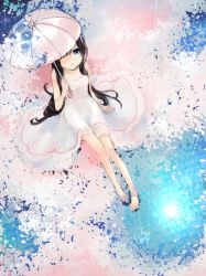 Rule 34 | 1girl, ao no neko, bare legs, barefoot, black hair, blue eyes, cherry blossoms, dress, from above, long hair, looking up, original, parasol, partially submerged, petals, rain, sitting, solo, umbrella, very long hair, water