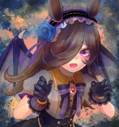 Rule 34 | 1girl, animal ears, black bow, black bowtie, black gloves, black hair, black hairband, black skirt, black wings, blue flower, blue rose, bow, bowtie, brooch, center frills, claw pose, collared shirt, demon wings, fangs, flower, frilled hairband, frilled sleeves, frills, gloves, hair flower, hair ornament, hair over one eye, hairband, halloween, halloween costume, high-waist skirt, highres, horse ears, horse girl, jewelry, lace, lace-trimmed gloves, lace trim, long bangs, long hair, looking at viewer, puffy short sleeves, puffy sleeves, purple eyes, rice shower (make up vampire!) (umamusume), rice shower (umamusume), rose, shirt, short sleeves, skin fangs, skirt, solo, star (symbol), twitter username, umamusume, upper body, white shirt, wings