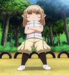 Rule 34 | 1girl, :&lt;, absurdres, ahoge, anime screenshot, blonde hair, child, closed mouth, crossed arms, elf-san wa yaserarenai., female focus, full body, highres, hood, hood down, hoodie, kobo (elf-san wa yaserarenai.), legs apart, outdoors, pout, shorts, sidelocks, sitting, sleeveless, sleeveless hoodie, solo, standing, stitched, third-party edit, tire, white footwear, white hoodie, white shorts, yellow eyes