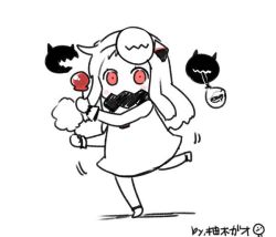 Rule 34 | 10s, 1girl, abyssal ship, ahoge, barefoot, blush, candy apple, colored skin, commentary request, cotton candy, dress, festival, food, full body, holding, horns, kantai collection, long hair, looking at viewer, mask, mittens, monochrome, northern ocean princess, pale skin, partially colored, red eyes, simple background, sleeveless, sleeveless dress, solo, spot color, white background, white dress, white hair, white skin, yuzuki gao