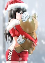 Rule 34 | 1girl, adapted costume, black eyes, black hair, blunt bangs, boko (girls und panzer), bridal gauntlets, christmas, commentary request, elbow gloves, from side, fur-trimmed gloves, fur-trimmed headwear, fur-trimmed shirt, fur trim, girls und panzer, girls und panzer senshadou daisakusen!, gloves, half-closed eyes, hat, highres, holding, holding stuffed toy, jewelry, kamishima kanon, long hair, long sleeves, looking to the side, mature female, microskirt, midriff, nishizumi shiho, official alternate costume, outdoors, red hat, red shirt, red skirt, ring, santa hat, shirt, side-tie skirt, skirt, snowing, solo, standing, straight hair, strapless, strapless shirt, stuffed animal, stuffed toy, teddy bear, wedding ring