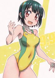 Rule 34 | 1girl, breasts, collarbone, competition swimsuit, contrapposto, covered navel, cowboy shot, dated, green hair, idolmaster, idolmaster (classic), looking at viewer, medium breasts, mole, mole under mouth, one-piece swimsuit, open mouth, otonashi kotori, short hair, smile, solo, swimsuit, tommy region, two-tone background, white background, yellow one-piece swimsuit