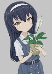 Rule 34 | 10s, 1girl, absurdres, belt, black belt, black hair, black ribbon, blue dress, brown eyes, casual, closed mouth, collared shirt, commentary request, dress, flower, flower pot, flower request, girls und panzer, grey background, hairband, highres, holding, long hair, looking at viewer, neck ribbon, pinafore dress, reizei mako, ribbon, shibagami, shirt, short sleeves, simple background, sleeveless dress, smile, solo, standing, upper body, white hairband, white shirt