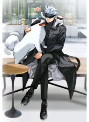 Rule 34 | 1boy, absurdres, animalization, bench, black blindfold, black coat, black footwear, black pants, black sweater, blindfold, blush, cat, closed mouth, coat, collared coat, dog, full body, gojou satoru, heart, highres, jujutsu kaisen, long sleeves, male focus, motion lines, on bench, open mouth, outdoors, pants, sharp teeth, sitting, sweater, table, tail, tail wagging, teeth, white hair, wooden bench, yoon (dmsco1803)