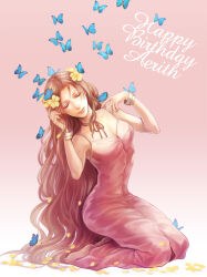 Rule 34 | 1girl, aerith gainsborough, bangle, bare shoulders, barefoot, blue butterfly, bracelet, breasts, brown hair, bug, butterfly, character name, choker, cleavage, closed eyes, dress, falling petals, final fantasy, final fantasy vii, flower, gradient background, hair flower, hair ornament, happy birthday, highres, insect, jewelry, kneeling, long dress, long hair, medium breasts, parted bangs, petals, pink background, pink dress, ribbon choker, sidelocks, sleeveless, sleeveless dress, smile, solo, tetra takamine, wavy hair, yellow flower