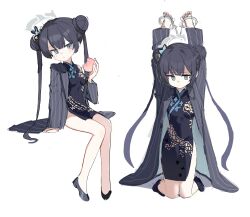Rule 34 | absurdres, black dress, black hair, blue archive, china dress, chinese clothes, dress, food, fruit, grey eyes, high heels, highres, holding, holding food, holding fruit, kisaki (blue archive), peach, simple background, thighs, white background, yanggaengwang