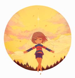 Rule 34 | 1girl, blue shirt, blue shorts, border, bridal veil, brown hair, closed eyes, cloud, cloudy sky, frisk (undertale), leaf, long sleeves, looking at viewer, navel, orange sky, outdoors, outstretched hand, shirt, short hair, shorts, sky, smile, soseji (tjduswjd), standing, star (sky), striped clothes, striped shirt, sunset, tree, undertale, veil, white border