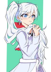 Rule 34 | 1girl, absurdres, bakuma, blue eyes, closed mouth, commentary request, dress, earrings, green background, hair ornament, highres, holding own hair, jacket, jewelry, long hair, multicolored background, ponytail, rwby, sash, scar, scar across eye, solo, weiss schnee, white background, white dress, white hair