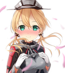 Rule 34 | 10s, 1girl, anchor, blonde hair, blush, breasts, cross, gloves, green eyes, hands on own chest, hat, highres, iron cross, kantai collection, looking at viewer, max melon, md5 mismatch, medium breasts, military, military hat, military uniform, peaked cap, petals, prinz eugen (kancolle), simple background, smile, solo, uniform, upper body, white background, white gloves