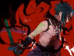 Rule 34 | 1boy, arm tattoo, bead necklace, beads, black hair, blood, blood on clothes, blue gloves, blue hair, facial mark, forehead mark, genshin impact, gloves, highres, holding, holding polearm, holding weapon, jewelry, male focus, multicolored hair, necklace, polearm, profile, solo, tattoo, upper body, weapon, xiao (genshin impact), yellow eyes, zaso