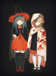 Rule 34 | 2girls, absurdres, aged down, bang dream!, bang dream! it&#039;s mygo!!!!!, black background, black cape, black dress, black footwear, black pantyhose, blood, blood on clothes, blue hair, cape, closed mouth, commentary request, dress, full body, ghost costume, green hair, hat, highres, holding hands, long hair, mary janes, multiple girls, ochano, open mouth, pantyhose, red dress, red footwear, shoes, simple background, smile, togawa sakiko, two side up, wakaba mutsumi, white cape, white pantyhose, witch hat, yellow eyes