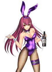 Rule 34 | aiuti, animal ears, bottle, bow, bowtie, breasts, bridal garter, cleavage, cup, detached collar, drinking glass, fake animal ears, fate/grand order, fate (series), fishnet pantyhose, fishnets, leotard, long hair, medium breasts, official alternate costume, pantyhose, playboy bunny, purple bow, purple bowtie, purple hair, purple leotard, rabbit ears, rabbit tail, red eyes, scathach (fate), scathach (piercing bunny) (fate), simple background, solo, strapless, strapless leotard, tail, white background, wine bottle, wine glass, wrist cuffs