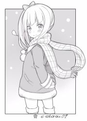 Rule 34 | 10s, 1girl, 3:, 3:&lt;, bow, coat, comic, greyscale, hair bow, hair ribbon, kantai collection, kasumi (kancolle), long hair, looking at viewer, md5 mismatch, mittens, monochrome, ribbon, scarf, side ponytail, silent comic, soborou, solo, translation request, v-shaped eyebrows, winter clothes, winter coat
