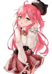 Rule 34 | 1girl, :o, ahoge, animal hat, bare shoulders, bell, black hat, blush, cat hat, cherry blossoms, commentary, detached sleeves, floral print, frills, garter straps, green eyes, hand up, hat, highres, hololive, light blush, long hair, looking at viewer, pink hair, pinky out, plaid, plaid skirt, red skirt, sakura miko, sakura miko (casual), shinomiya ino, shirt, side ponytail, simple background, skirt, sleeveless, sleeveless shirt, solo, straight hair, translated, virtual youtuber, white background, white shirt