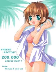 Rule 34 | 1girl, bikini, blush, breasts, brown hair, collarbone, female focus, green eyes, ktman, looking at viewer, open clothes, open mouth, open shirt, pink bikini, shirt, short hair, sleeves rolled up, small breasts, smile, solo, standing, swimsuit, twintails, white background, white shirt