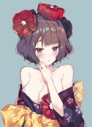 Rule 34 | 1girl, absurdres, bad id, bad pixiv id, bare shoulders, blue background, blush, breasts, brown hair, cleavage, collarbone, commentary request, fate/grand order, fate (series), floral print, hair ornament, hand up, highres, japanese clothes, katsushika hokusai (fate), kimono, leisss, looking at viewer, medium breasts, obi, off shoulder, parted lips, print kimono, purple eyes, purple kimono, sash, short eyebrows, short hair, short sleeves, signature, simple background, solo, thick eyebrows, upper body, wide sleeves