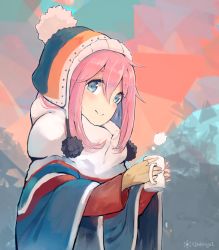 Rule 34 | 1girl, artist name, commentary request, cup, enpera, fingerless gloves, gloves, hat, holding, holding cup, kagamihara nadeshiko, mug, multicolored background, pink hair, poncho, scarf, smile, solo, striped clothes, striped headwear, white scarf, yellow gloves, yudough, yurucamp