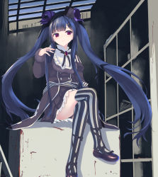 Rule 34 | 1girl, atsajh, bag, blue hair, crossed legs, flower knight girl, gothic lolita, highres, lolita fashion, long hair, looking to the side, purple eyes, solo, striped clothes, striped thighhighs, thighhighs, torikabuto (flower knight girl), vertical-striped clothes, vertical-striped thighhighs