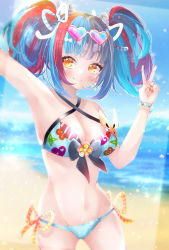 Rule 34 | 1girl, bad id, bad pixiv id, bare shoulders, beach, bikini, black hair, blue bikini, blue hair, blue sky, blurry, blurry background, blush, bracelet, breasts, cleavage, closed mouth, collarbone, day, earrings, eyewear on head, fate/grand order, fate (series), floral print, halterneck, heart, heart-shaped eyewear, highres, jewelry, large breasts, long hair, looking at viewer, mico (35side), multicolored hair, navel, ocean, red hair, sei shounagon (fate), sei shounagon (happy drive) (fate), shore, sky, smile, solo, sunglasses, swimsuit, twintails, v, yellow eyes