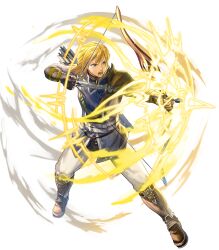 Rule 34 | 1boy, aiming, attack, black gloves, blonde hair, blue eyes, bow (weapon), drawing bow, fingerless gloves, fire emblem, fire emblem: radiant dawn, fire emblem heroes, gloves, highres, holding, holding bow (weapon), holding weapon, leonardo (fire emblem), light, medium hair, nintendo, non-web source, official art, open mouth, quiver, solo, teeth, v-shaped eyebrows, weapon