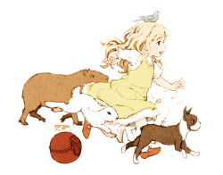 Rule 34 | 1girl, animal, armadillo, bird, blonde hair, capybara, child, dog, feral lemma, hamster, highres, lamb, original, rabbit, running, sheep, simple background, solo, white background