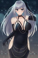 Rule 34 | blue eyes, breasts, cleavage, clothing cutout, doiparuni, dress, ethel (xenoblade), gloves, grey hair, highres, large breasts, meme, meme attire, tattoo, xenoblade chronicles (series), xenoblade chronicles 3