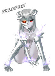 Rule 34 | 1girl, bone, breasts, butter-t, character name, empty eyes, glowing, glowing eye, grey hair, horns, long hair, monster girl, monster girl encyclopedia, red eyes, simple background, sitting, skeletal arm, skeleton, skeleton (monster girl encyclopedia), small breasts, solo, undead, white background