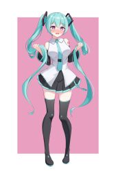 Rule 34 | 1girl, absurdres, aqua hair, aqua necktie, bare shoulders, black footwear, black skirt, black sleeves, blush, boots, border, commentary, cosplay, detached sleeves, full body, gradient eyes, hand in own hair, hatsune miku, hatsune miku (cosplay), highres, hina misora, holding, holding own hair, long hair, looking at viewer, multicolored eyes, necktie, nervous, number tattoo, open mouth, outside border, pink background, pink eyes, pleated skirt, pmasterm, shirt, skirt, sleeveless, sleeveless shirt, smile, solo, spanish commentary, standing, symbol-shaped pupils, tattoo, teeth, thigh boots, thighhighs, tie clip, twintails, upper teeth only, very long hair, virtual youtuber, vocaloid, wactor production, white border, white shirt, wing collar, yellow eyes, zettai ryouiki