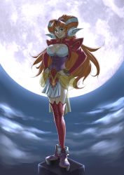 Rule 34 | 1girl, arcbuncle, boots, breasts, cleavage, cloud, corset, earrings, full moon, game arts, grandia, grandia ii, green eyes, hair ornament, hands on own hips, jewelry, large breasts, long hair, millenia (grandia), moon, night, night sky, orange hair, red thighhighs, see-through, skirt, sky, smile, solo, standing, thighhighs