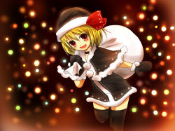 Rule 34 | 1girl, bag, black thighhighs, blonde hair, embodiment of scarlet devil, female focus, gloves, hat, highres, mesoso, mittens, open mouth, red eyes, rumia, sack, santa costume, santa hat, short hair, smile, solo, thighhighs, touhou
