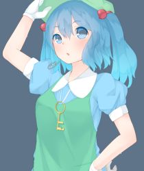 Rule 34 | 1girl, adjusting clothes, adjusting headwear, arm up, blue background, blue hair, blush, gloves, hair bobbles, hair ornament, hand on own hip, hat, kawashiro nitori, looking at viewer, open mouth, puffy sleeves, sakurea, shirt, short sleeves, simple background, solo, sweat, touhou, twintails, two side up, upper body, white gloves, wrench