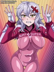 Rule 34 | 1girl, alice (nikke), alice (nikke) (cosplay), blush, bodysuit, breasts, cosplay, covered navel, cropped jacket, gloves, goddess of victory: nikke, grey hair, hair ornament, highres, impossible bodysuit, impossible clothes, jacket, large breasts, latex, latex bodysuit, long hair, looking at viewer, medium breasts, messy hair, multicolored clothes, multicolored gloves, pink bodysuit, pink gloves, sharp teeth, shrug (clothing), skin tight, solo, spit (takethestrain), teeth, thighs, two-tone gloves, yellow eyes, yulha (nikke)