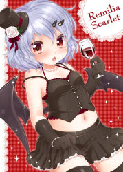 Rule 34 | 1girl, alternate costume, bat wings, black gloves, black thighhighs, blue hair, blush, bracelet, bustier, character name, cup, drinking glass, elbow gloves, fang, female focus, glass, gloves, hair ornament, hairclip, hat, holding, jewelry, midriff, mini hat, mini top hat, navel, open mouth, red eyes, remilia scarlet, short hair, skirt, solo, strap slip, thighhighs, top hat, touhou, wine glass, wings, yukiu con, zettai ryouiki