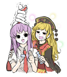 Rule 34 | 2girls, anger vein, arm up, black eyes, blonde hair, blush, breath, brown sash, chinese clothes, choko (cup), collared shirt, cup, drooling, drunk, empty eyes, hand on another&#039;s shoulder, highres, junko (touhou), light purple hair, long hair, long sleeves, multiple girls, necktie, open mouth, peroponesosu., phoenix crown, red neckwear, reisen udongein inaba, ribbon, shirt, short sleeves, simple background, squeans, tabard, tassel, touhou, twisted ears, white background, white shirt, wide sleeves, yellow neckwear, yellow ribbon
