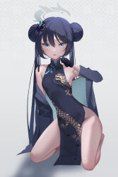 Rule 34 | 1girl, absurdres, arm support, barefoot, black dress, black gloves, black hair, black skirt, blue archive, braid, braided bun, butterfly hair ornament, china dress, chinese clothes, coat, commentary, daika!!, double bun, dragon print, dress, gloves, grey coat, grey eyes, hair bun, hair ornament, halo, highres, kisaki (blue archive), kneeling, light blush, long hair, looking at viewer, no panties, parted lips, pelvic curtain, pinstripe pattern, print dress, short dress, side slit, skirt, sleeveless, sleeveless dress, solo, striped, striped coat, twintails, vertical-striped coat
