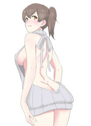 Rule 34 | 10s, 1girl, alternate costume, ass, back, backless dress, backless outfit, bare back, bare shoulders, blush, breasts, brown hair, butt crack, closed mouth, cowboy shot, dress, female focus, from behind, grey dress, grey sweater, hair between eyes, hair ornament, hair tie, halterneck, kaga (kancolle), kantai collection, large breasts, looking at viewer, looking back, medium breasts, meme attire, naked sweater, no bra, no panties, ribbed sweater, shingyou (alexander-13), short hair, shoulder blades, side ponytail, sideboob, simple background, solo, sweater, sweater dress, turtleneck, turtleneck sweater, twisted neck, virgin killer sweater, white background, yellow eyes