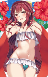 Rule 34 | 1girl, bikini, blush, bow, commentary request, flower, frilled bikini, frills, hair between eyes, hair bow, hibiscus, highres, hip bones, kamikaze (kancolle), kantai collection, leaf, long hair, natsu narumi, navel, open mouth, purple hair, red eyes, red flower, solo, swimsuit, teeth, upper teeth only, very long hair, white bikini, yellow bow