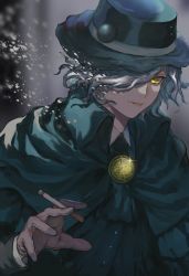 Rule 34 | 1boy, black hat, blurry, blurry background, cape, cigarette, commentary request, edmond dantes (fate), fate/grand order, fate (series), fedora, hair over one eye, hand up, hat, highres, holding, long sleeves, looking at viewer, male focus, short hair, silver hair, smile, solo, suzumetarou, upper body, yellow eyes