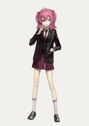 Rule 34 | 1girl, absurdres, ahoge, between fingers, black footwear, black jacket, blue eyes, blush, cigarette, full body, hand in pocket, highres, holding, holding cigarette, jacket, kneehighs, loafers, looking at viewer, miniskirt, necktie, open clothes, open mouth, open shirt, original, pink hair, pleated skirt, purple necktie, purple skirt, school uniform, shoes, short hair, short twintails, simple background, skirt, socks, solo, standing, twintails, v-shaped eyebrows, white background, white socks, yoon cook