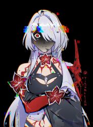 1girl acheron_(honkai:_star_rail) ahoge commentary crossed_arms highres honkai:_star_rail honkai_(series) long_hair looking_at_viewer parted_lips red_eyes single_bare_shoulder solo upper_body very_long_hair visualkid_n white_hair