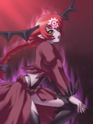 Rule 34 | 1girl, awa, bat wings, braid, breasts, dress, duel monster, fortune ladies, fortune lady, fortune lady fire, long hair, pointy ears, red eyes, red hair, wings, yu-gi-oh!, yuu-gi-ou, yu-gi-oh! duel monsters