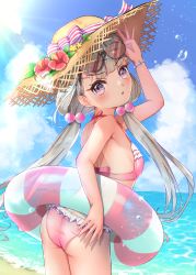 Rule 34 | 1girl, :o, ass, bare arms, bare shoulders, beach, bikini, blue sky, blush, breasts, cloud, cloudy sky, commentary request, day, eyewear on head, flower, frills, from side, hair ornament, halterneck, hat, hat flower, highres, hisakawa nagi, idolmaster, idolmaster cinderella girls, idolmaster cinderella girls starlight stage, innertube, long hair, looking at viewer, low twintails, ocean, open mouth, outdoors, pink bikini, red flower, sky, small breasts, solo, straw hat, summer, sun hat, sunglasses, swim ring, swimsuit, tudon (donut), twintails, water, wristband