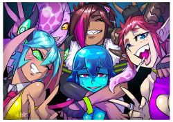 Rule 34 | 5girls, aqua hair, armband, blue eyes, blue skin, bra, bracelet, breasts, brown hair, candy, cephalopod eyes, cleavage, cleavage cutout, clothing cutout, collar, colored sclera, colored skin, dark-skinned female, dark skin, demon girl, demon horns, english text, extra arms, closed eyes, fingerless gloves, food, food in mouth, freckles, gloves, goat horns, gradient skin, green bracelet, green eyes, hair between eyes, halterneck, halterneck, headphones, heart cutout, horizontal pupils, horns, jewelry, lamia, lollipop, looking at viewer, monster girl, multicolored hair, multicolored skin, multiple girls, nail polish, necktie, one eye closed, original, pink eyes, pink hair, pointy ears, purple skin, red hair, red neckwear, ring, ryuusei (mark ii), satyr, sharp teeth, sidelocks, sleeveless, slime (substance), slime girl, smile, spiked bracelet, spikes, streaked hair, sweatdrop, teeth, tentacle hair, tentacles, two-tone skin, underwear, yellow bra, yellow sclera
