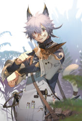 Rule 34 | 1boy, animal ears, apron, bag, blurry, blurry foreground, bracer, cat ears, cat tail, coat, copyright request, depth of field, fern, glasses, grey hair, griffin, hair between eyes, highres, male focus, pince-nez, red eyes, ryota-h, shoulder bag, smile, solo, standing, tail, vial, white apron