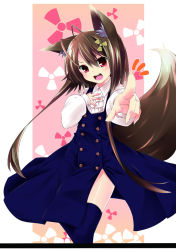 Rule 34 | 1boy, :d, animal ears, antenna hair, blue thighhighs, blush, dodome-iro mayonnaise, dress, fox ears, fox tail, hair ornament, hand on own chest, male focus, open mouth, original, outstretched arm, pink eyes, smile, solo, tail, thighhighs, trap