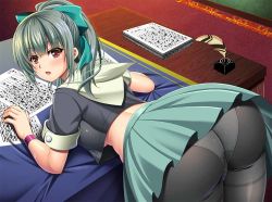 Rule 34 | 1girl, ass, blush, breasts, desk, grey hair, hair ribbon, kantai collection, large breasts, leaning forward, long hair, looking at viewer, looking back, medium breasts, militia minpei, on desk, open mouth, panties, panties under pantyhose, pantyhose, ponytail, red eyes, ribbon, skirt, solo, trefoil, underboob, underwear, yuubari (kancolle)
